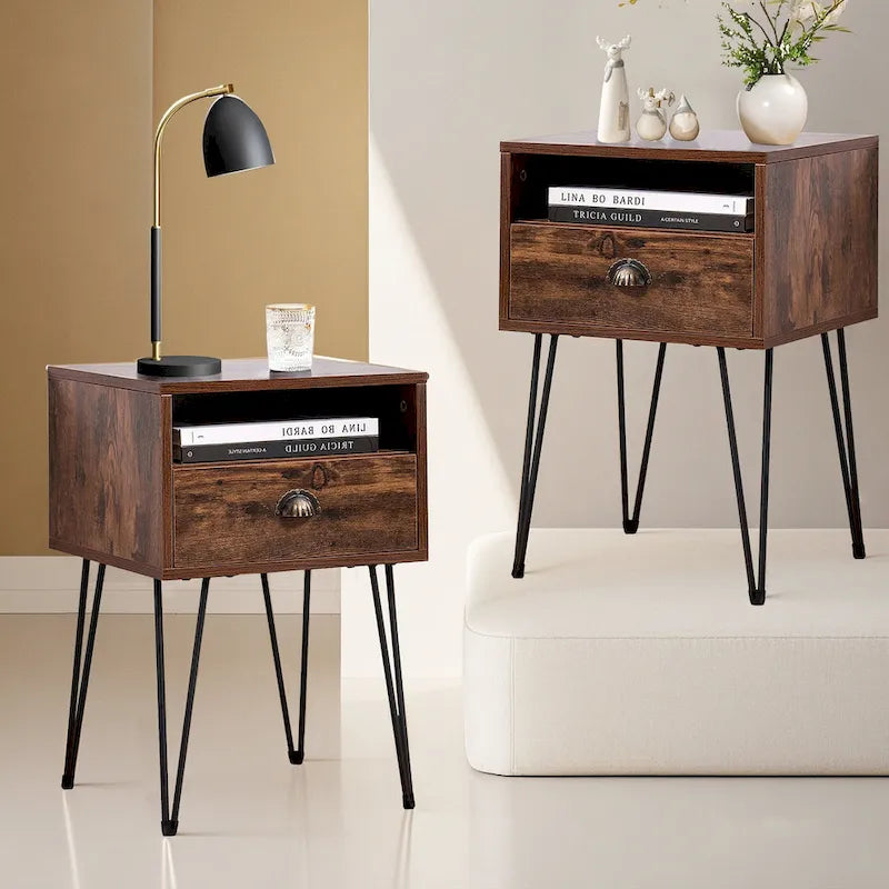 Modern Mid Century 1-Drawer Hairpin Nightstands, Brown/Blue/Black/Yellow, Four Options