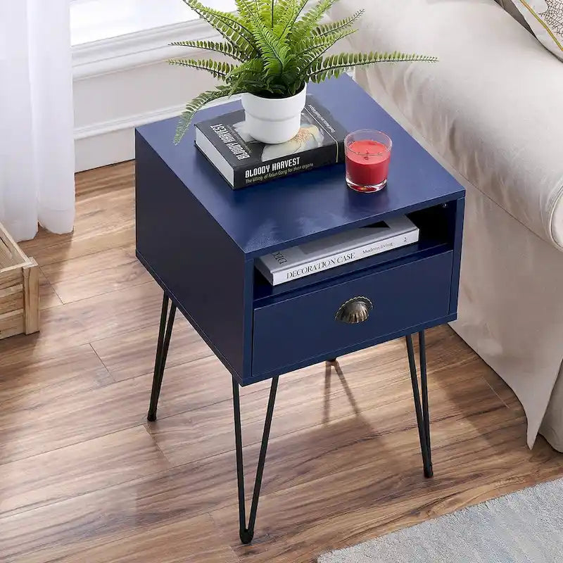 Modern Mid Century 1-Drawer Hairpin Nightstands, Brown/Blue/Black/Yellow, Four Options