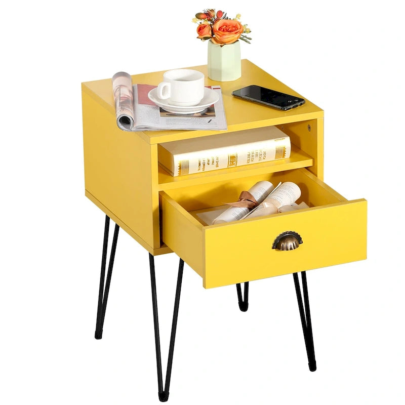 Modern Mid Century 1-Drawer Hairpin Nightstands, Brown/Blue/Black/Yellow, Four Options