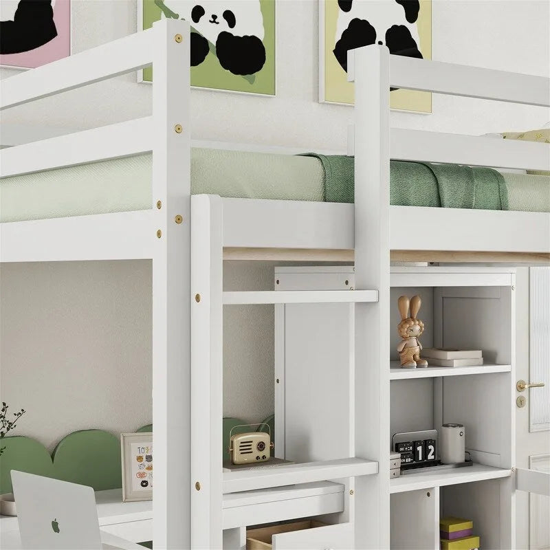 Full Size Loft Bed with Bulit-in L-Shaped Desk and 4 Storage Drawers, Wooden Loft Bedframe with Open Storage Shelves