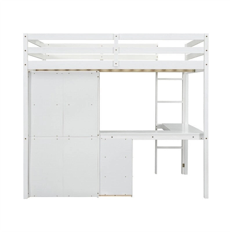 Full Size Loft Bed with Bulit-in L-Shaped Desk and 4 Storage Drawers, Wooden Loft Bedframe with Open Storage Shelves