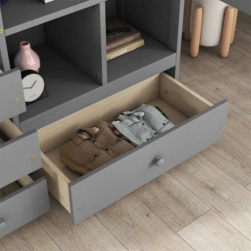 Full Size Loft Bed with Bulit-in L-Shaped Desk and 4 Storage Drawers, Wooden Loft Bedframe with Open Storage Shelves