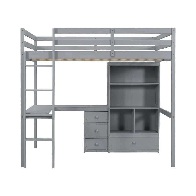 Full Size Loft Bed with Bulit-in L-Shaped Desk and 4 Storage Drawers, Wooden Loft Bedframe with Open Storage Shelves
