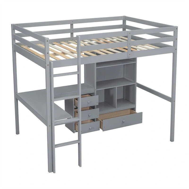 Full Size Loft Bed with Bulit-in L-Shaped Desk and 4 Storage Drawers, Wooden Loft Bedframe with Open Storage Shelves