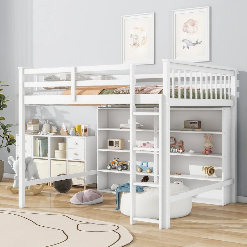 Full Size Loft Bed with Open Storage Shelves and Built-in Ladder