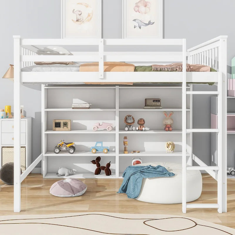 Full Size Loft Bed with Open Storage Shelves and Built-in Ladder