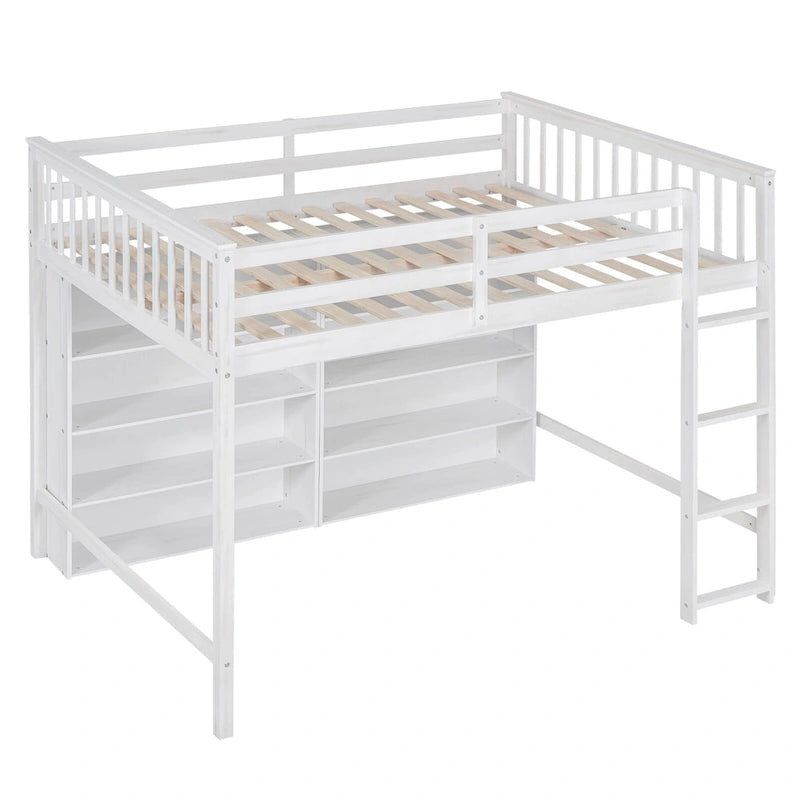 Full Size Loft Bed with Open Storage Shelves and Built-in Ladder