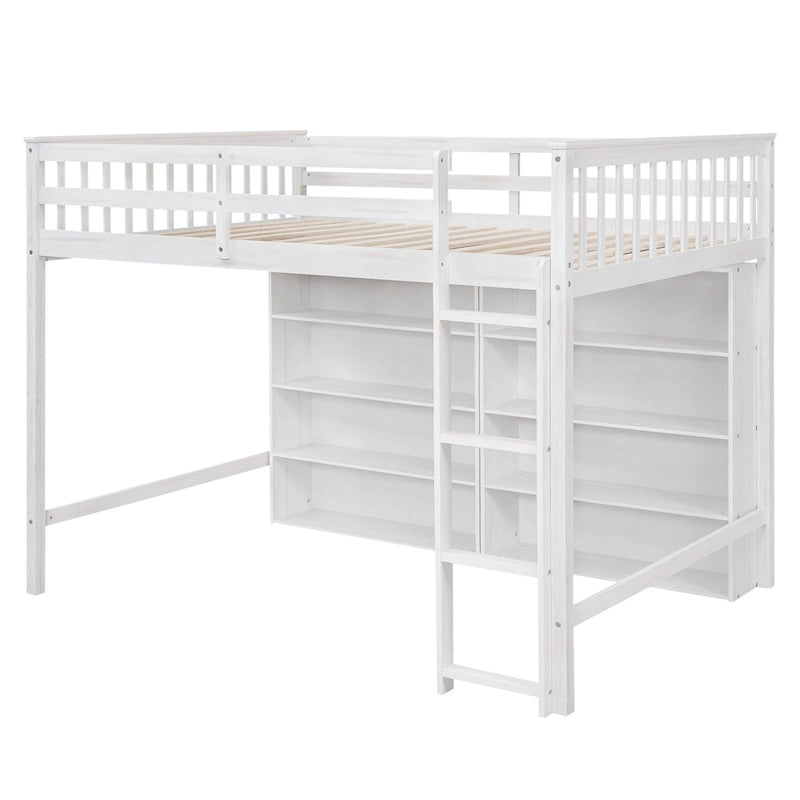 Full Size Loft Bed with Open Storage Shelves and Built-in Ladder