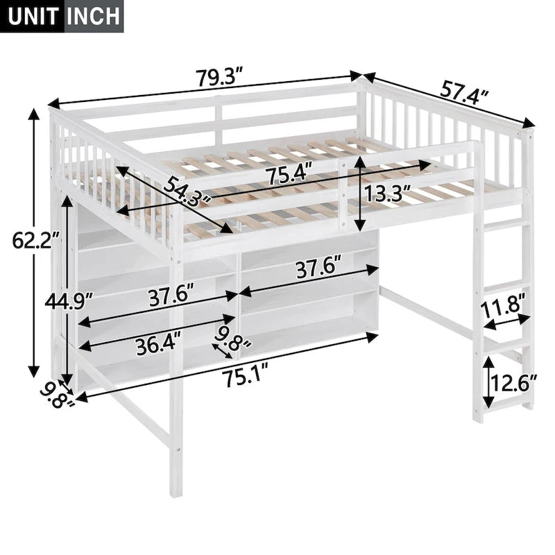 Full Size Loft Bed with Open Storage Shelves and Built-in Ladder