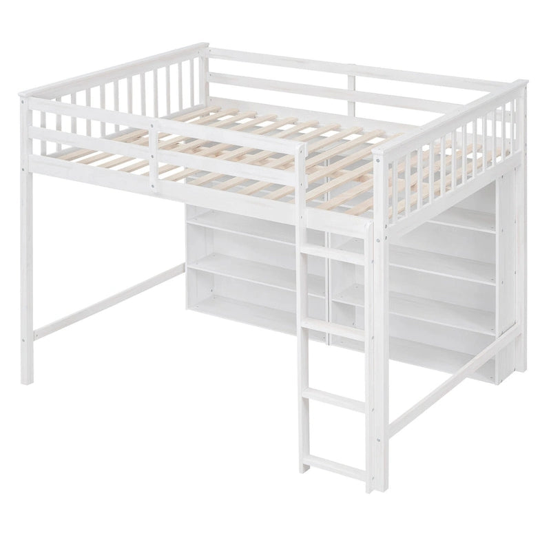 Full Size Loft Bed with Open Storage Shelves and Built-in Ladder