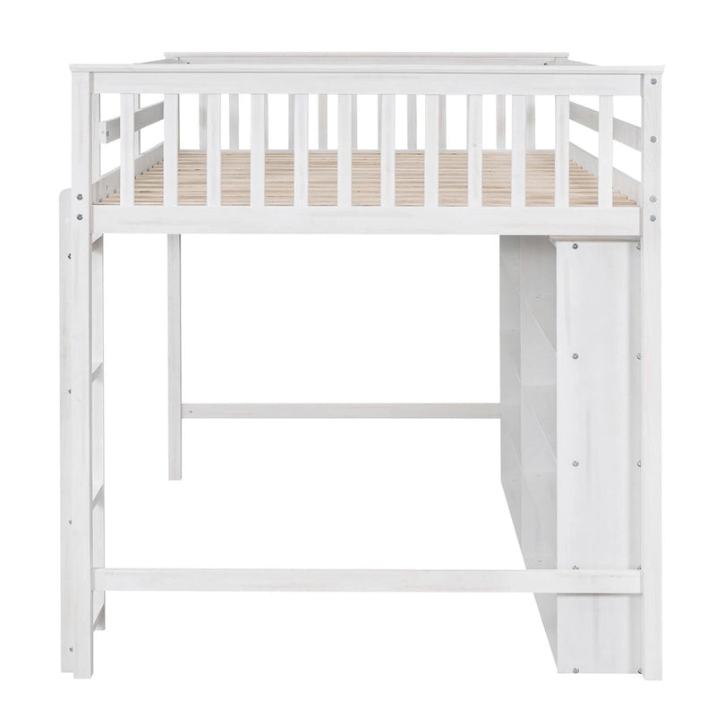 Full Size Loft Bed with Open Storage Shelves and Built-in Ladder