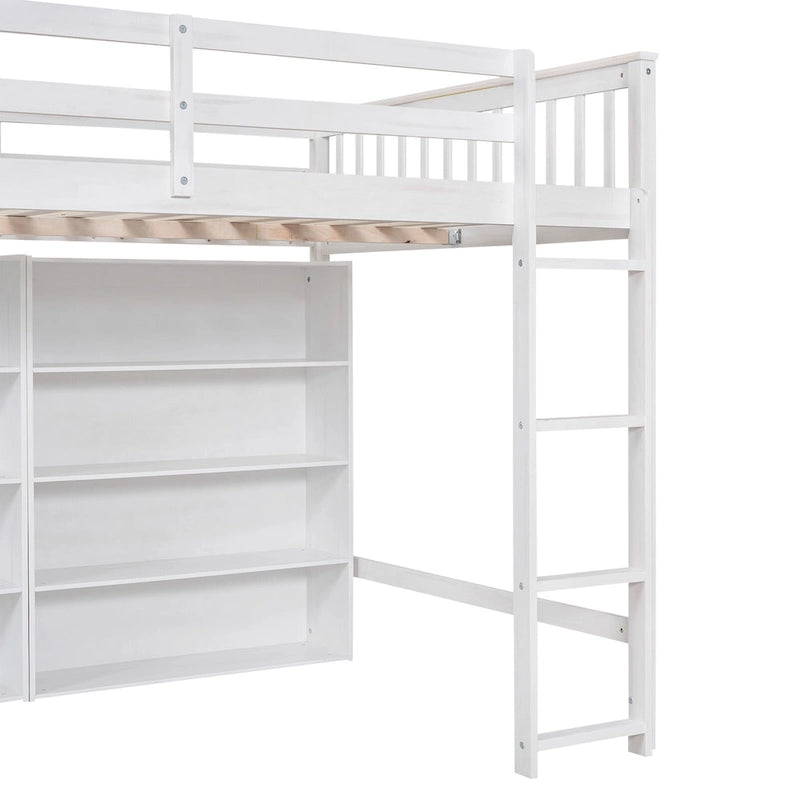 Full Size Loft Bed with Open Storage Shelves and Built-in Ladder
