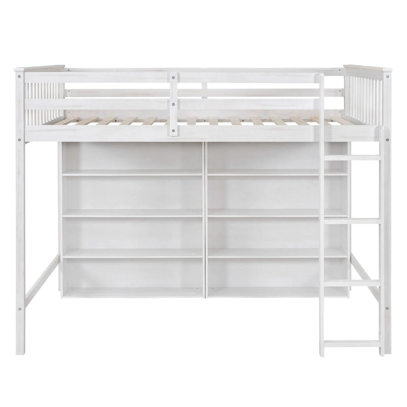 Full Size Loft Bed with Open Storage Shelves and Built-in Ladder