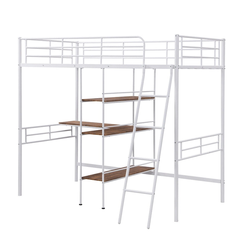 Twin Size Metal Loft Bed with Built-in Desk and Shelves