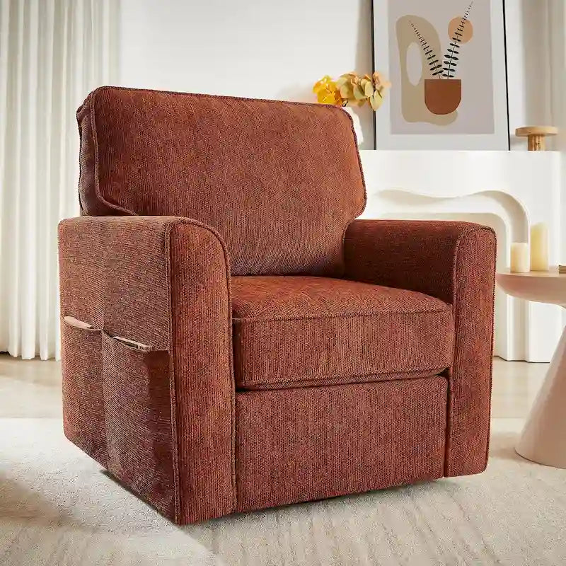 Fauteuil d'appoint "Barrel" avec poches latéralesChaise de bureau pivotante à 360° en tissu chenille