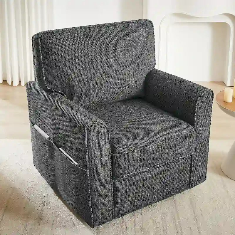 Fauteuil d'appoint "Barrel" avec poches latéralesChaise de bureau pivotante à 360° en tissu chenille