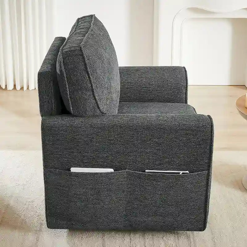 Fauteuil d'appoint "Barrel" avec poches latéralesChaise de bureau pivotante à 360° en tissu chenille