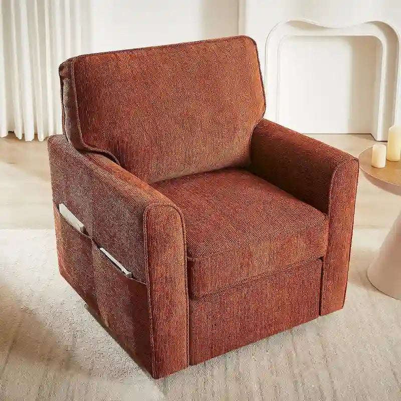 Fauteuil d'appoint "Barrel" avec poches latéralesChaise de bureau pivotante à 360° en tissu chenille