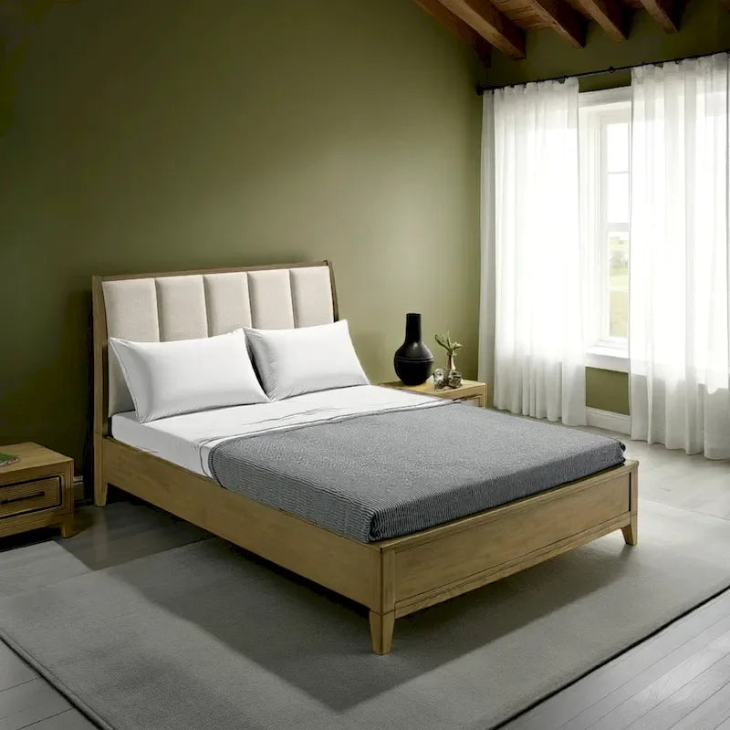 Heon Queen Bed, Block Panel Headboard, Ivory Upholstery, Pine Wood