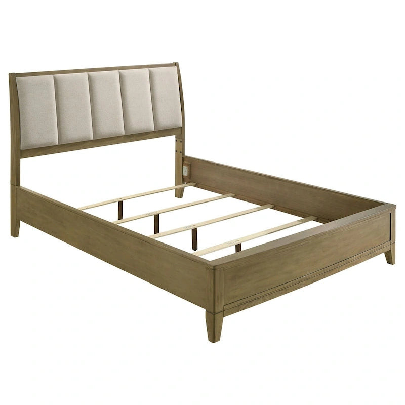 Heon Queen Bed, Block Panel Headboard, Ivory Upholstery, Pine Wood