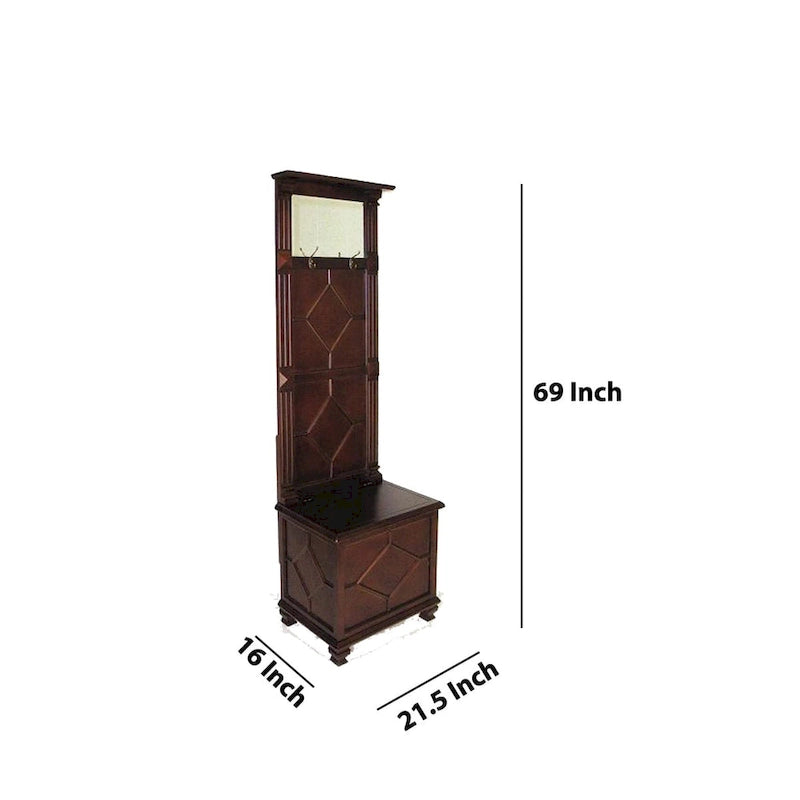 Molded Wooden Frame Hall Tree with Lift Top Box and Mirror Insert, Brown