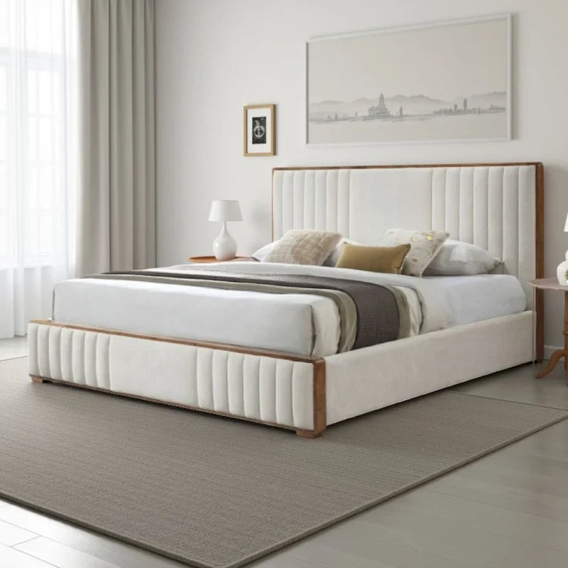 Lesa King Bed, Channel Tufted Beige Chenille Upholstery, Walnut Brown
