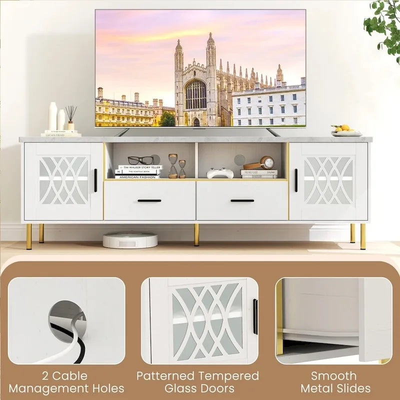 Meuble TV moderne en faux marbre de 180 cm pour téléviseurs de 80 pouces Blanc - 73 pouces