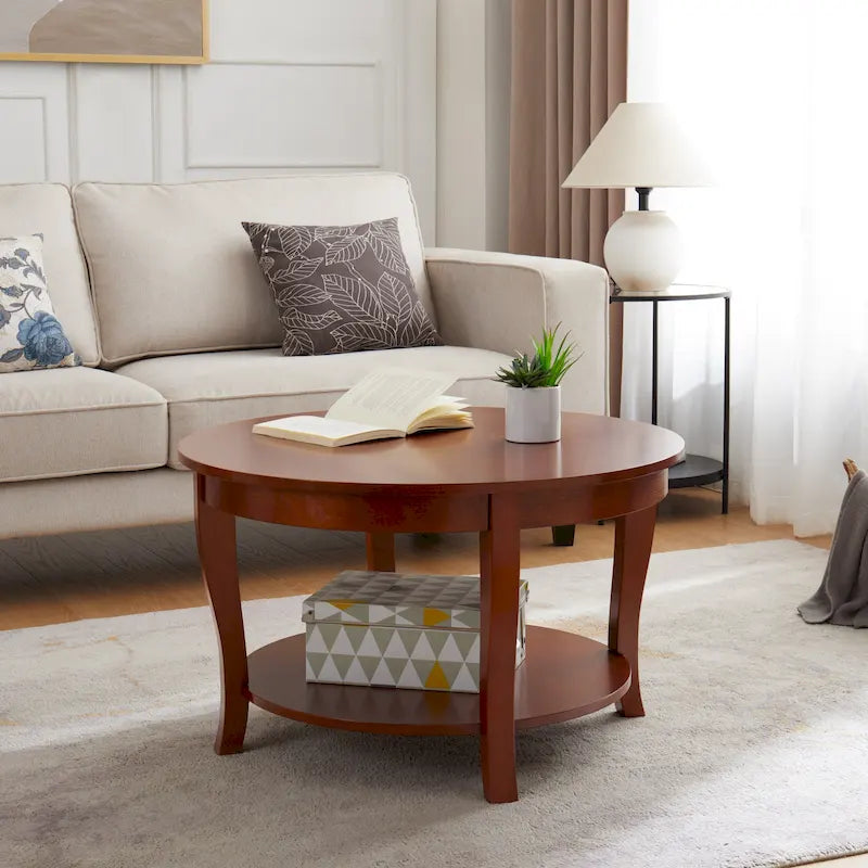 Table basse ronde traditionnelle en bois avec étagères de rangement ouvertes, pour salon, chambre, appartement, studio