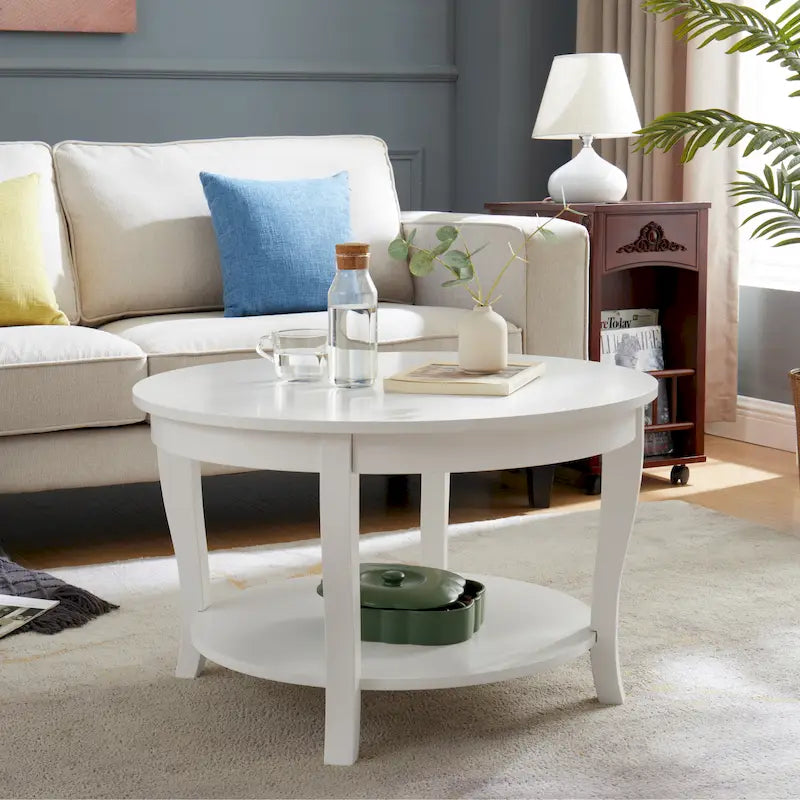 Table basse ronde traditionnelle en bois avec étagères de rangement ouvertes, pour salon, chambre, appartement, studio