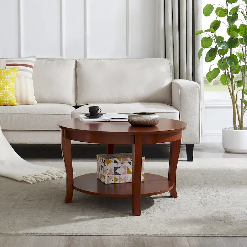 Table basse ronde traditionnelle en bois avec étagères de rangement ouvertes, pour salon, chambre, appartement, studio