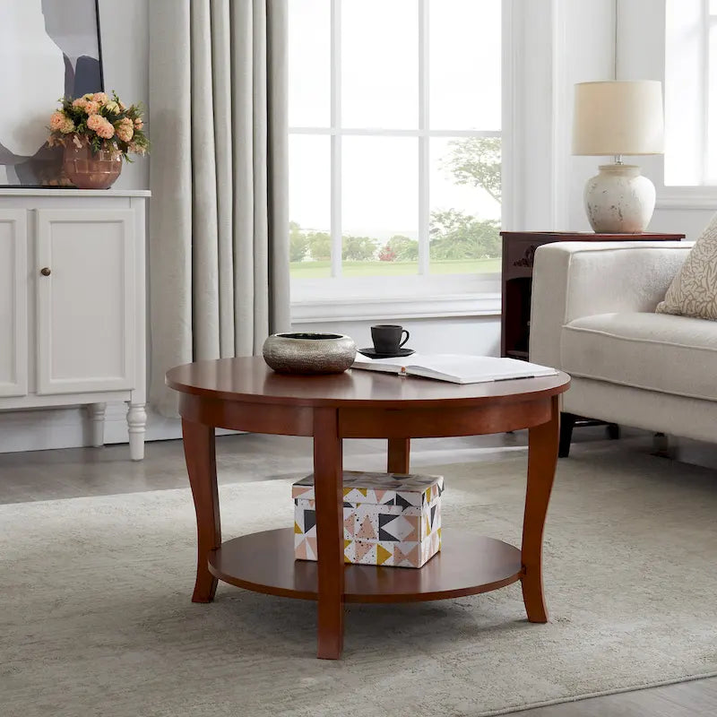 Table basse ronde traditionnelle en bois avec étagères de rangement ouvertes, pour salon, chambre, appartement, studio