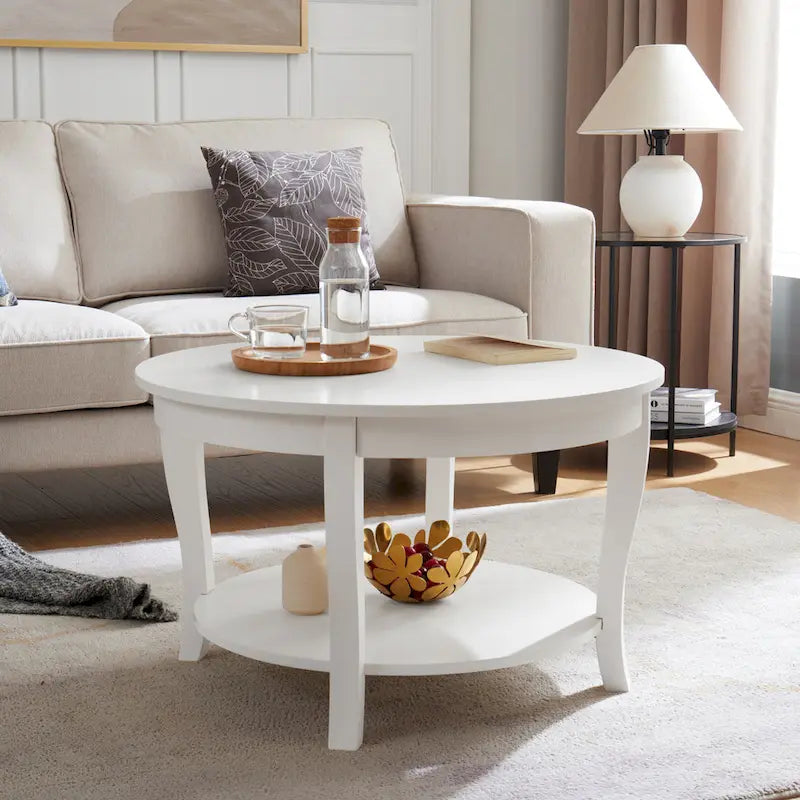 Table basse ronde traditionnelle en bois avec étagères de rangement ouvertes, pour salon, chambre, appartement, studio