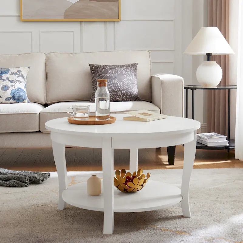 Table basse ronde traditionnelle en bois avec étagères de rangement ouvertes, pour salon, chambre, appartement, studio