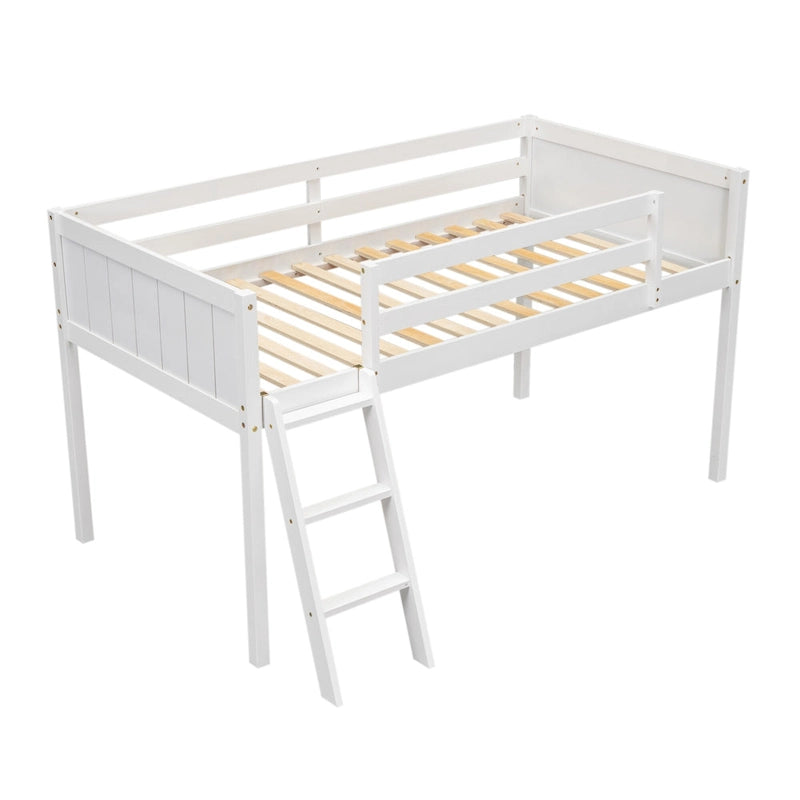Loft Bed Twin Size Solid Wood Low Loft Bed w/Guard Rail and Ladder