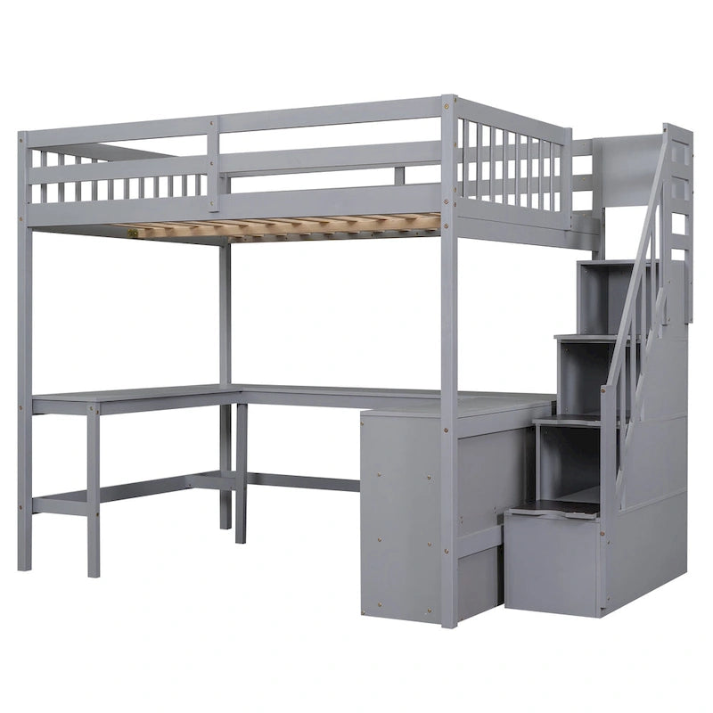 Full Size Loft Bed with Built-in L-Shaped Desk & Three-Tier Storage Shelves & Attached Storage Staircase, White