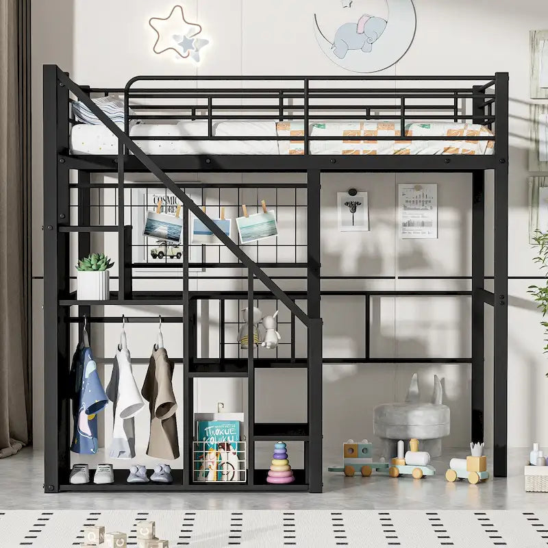 Modern Twin Size Loft Bed with Storage Staircase & Small Wardrobe, Sturdy Metal Loft Bed Frame w/Guardrails for Kids Boys Girls