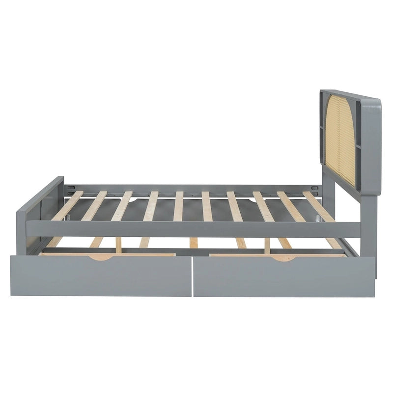 Lit plateforme Queen Size avec tête de lit en rotin, 2 tiroirs et lit gigogne, cadre de lit en bois avec étagères