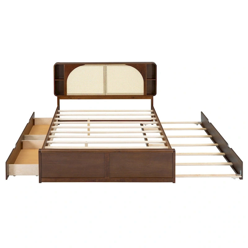Lit plateforme Queen Size avec tête de lit en rotin, 2 tiroirs et lit gigogne, cadre de lit en bois avec étagères