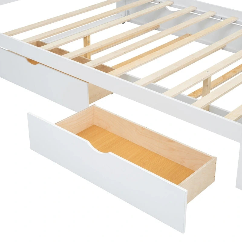 Lit plateforme Queen Size avec tête de lit en rotin, 2 tiroirs et lit gigogne, cadre de lit en bois avec étagères