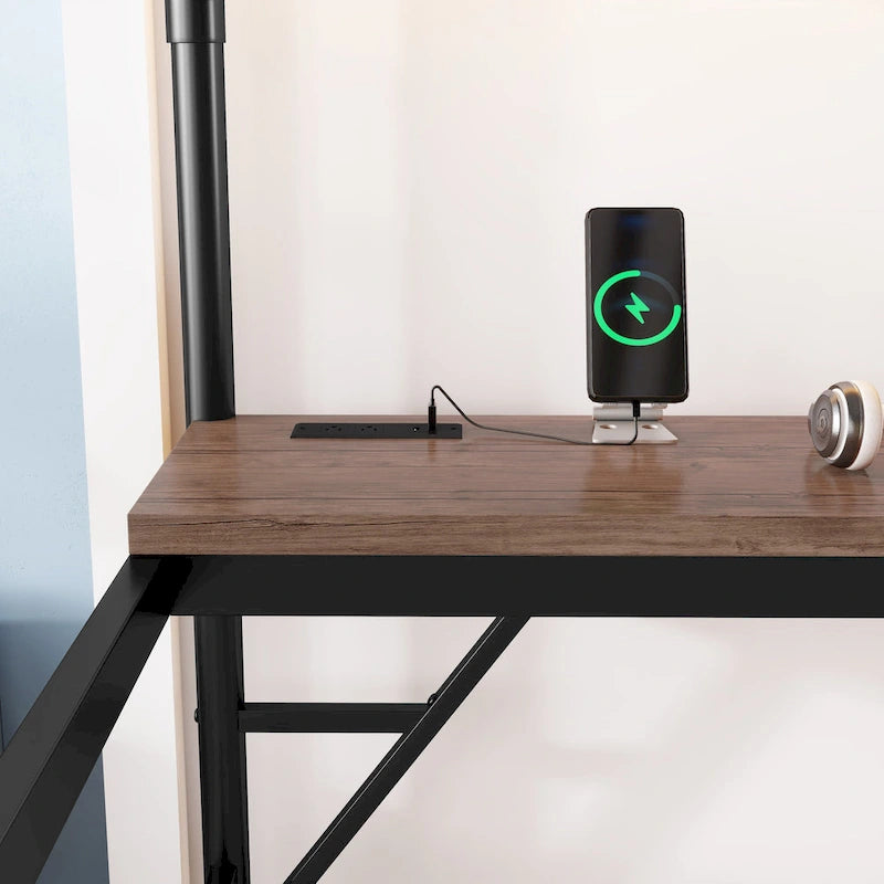 Metal Loft Bed with Desk, LED Lights & USB Charging Station, Loft Bed Frame with Safety Guardrails