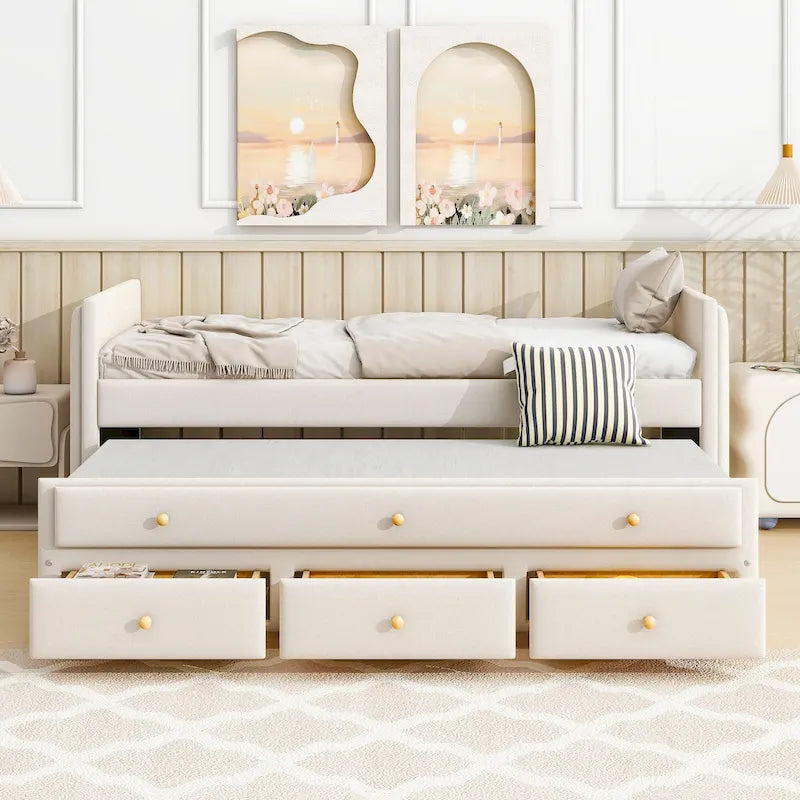 Velvet Upholstered Daybed with Pull-out Trundle Bed, Wood Panel Bed Frame, No Box Spring Required, Wooden Slats Support