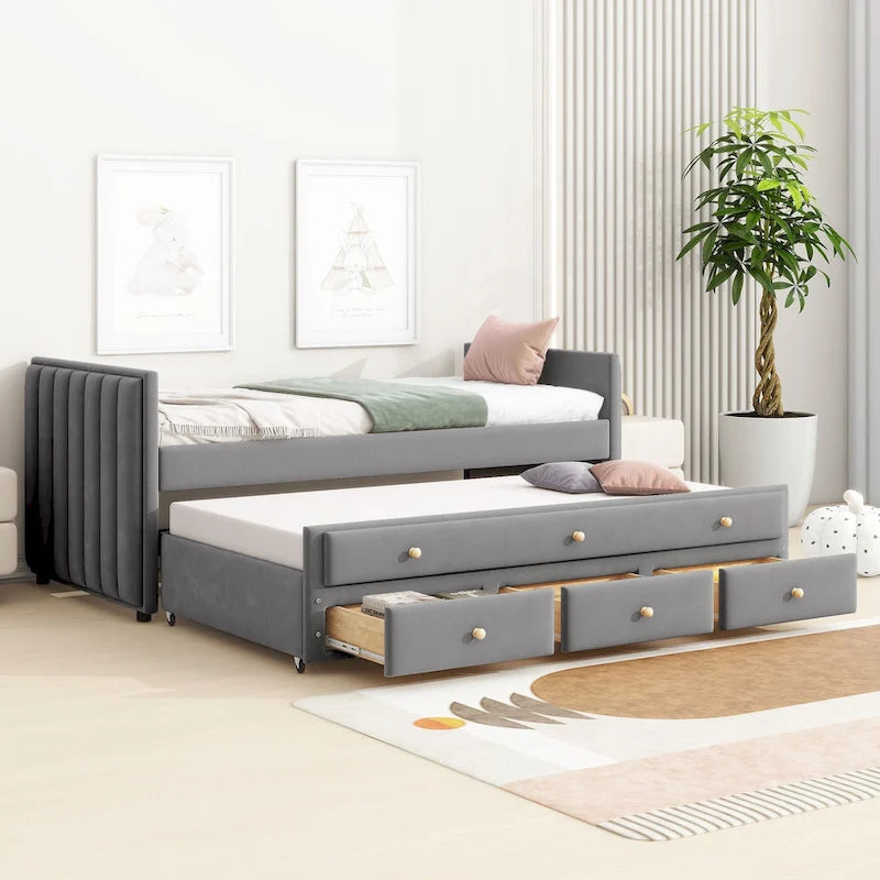 Velvet Upholstered Daybed with Pull-out Trundle Bed, Wood Panel Bed Frame, No Box Spring Required, Wooden Slats Support