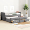 Velvet Upholstered Daybed with Pull-out Trundle Bed, Wood Panel Bed Frame, No Box Spring Required, Wooden Slats Support