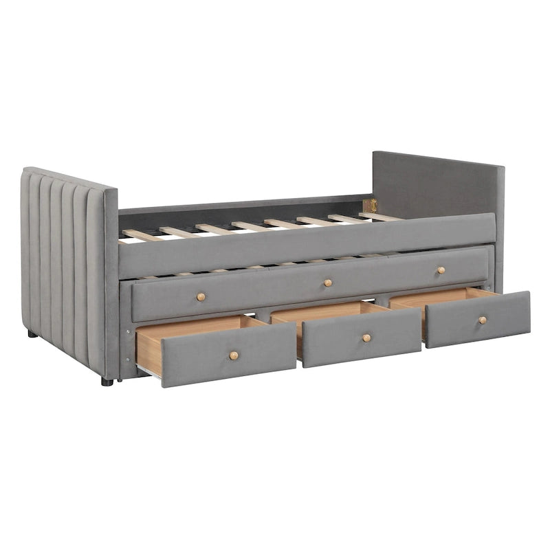 Velvet Upholstered Daybed with Pull-out Trundle Bed, Wood Panel Bed Frame, No Box Spring Required, Wooden Slats Support