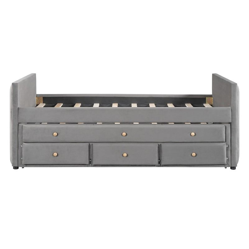 Velvet Upholstered Daybed with Pull-out Trundle Bed, Wood Panel Bed Frame, No Box Spring Required, Wooden Slats Support