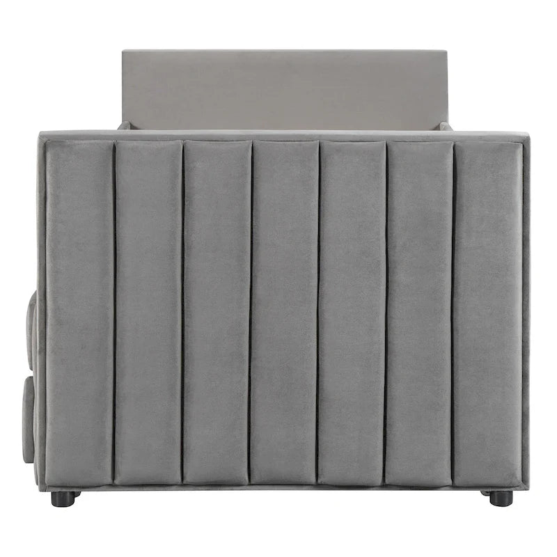 Velvet Upholstered Daybed with Pull-out Trundle Bed, Wood Panel Bed Frame, No Box Spring Required, Wooden Slats Support