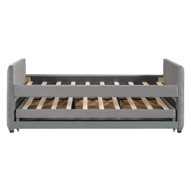 Velvet Upholstered Daybed with Pull-out Trundle Bed, Wood Panel Bed Frame, No Box Spring Required, Wooden Slats Support
