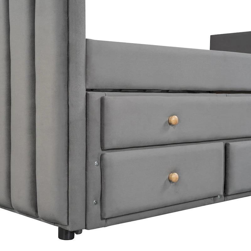 Velvet Upholstered Daybed with Pull-out Trundle Bed, Wood Panel Bed Frame, No Box Spring Required, Wooden Slats Support
