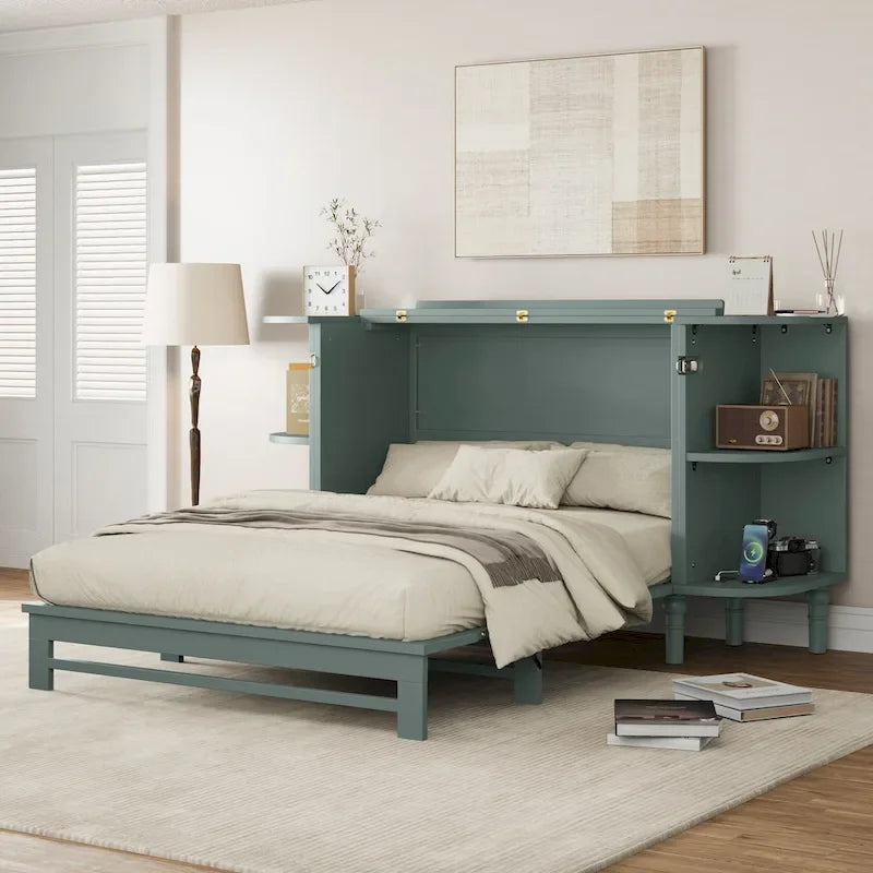 Lit escamotable de ferme, lit pliant plateforme, lit escamotable convertible de style commode/cube avec étagères incurvées et station de recharge