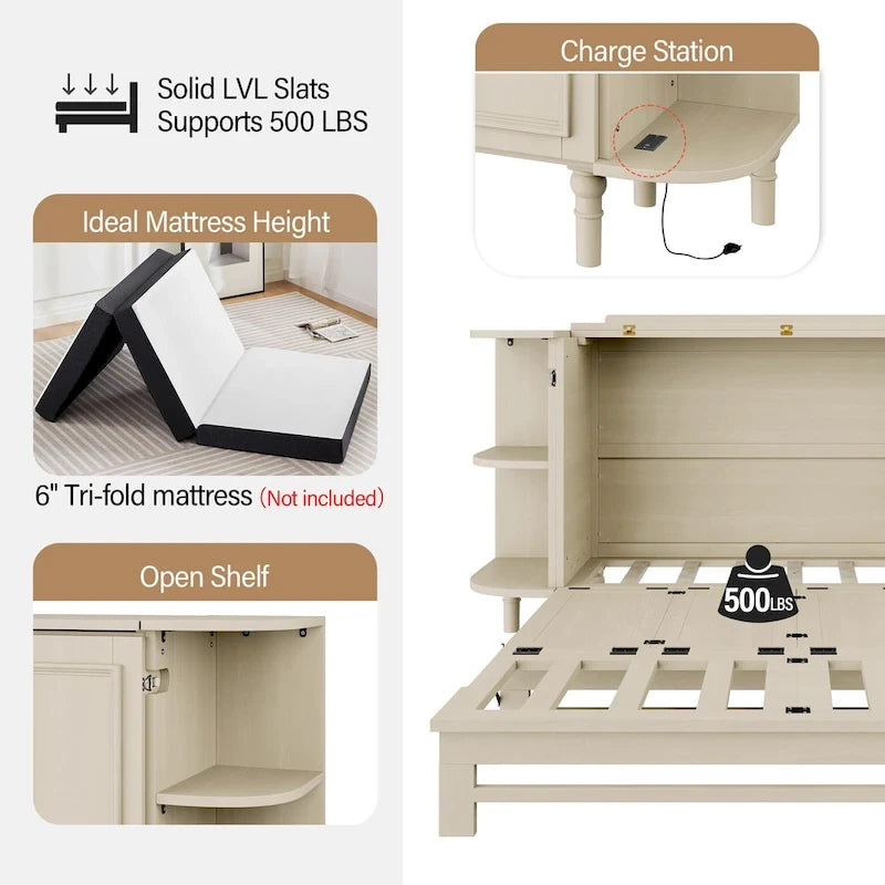 Lit escamotable de ferme, lit pliant plateforme, lit escamotable convertible de style commode/cube avec étagères incurvées et station de recharge